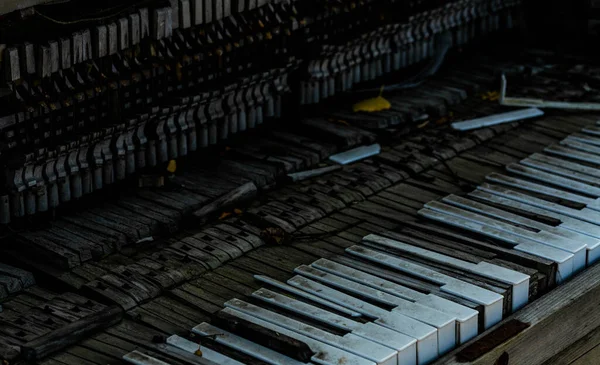 Key Weathered Broken Old Piano Sitting Outdoors High Quality Photo — Stok fotoğraf