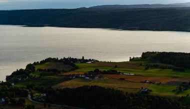 Arka planda fiyort ve dağların olduğu klasik Norveç kırsal bölgesine bak.