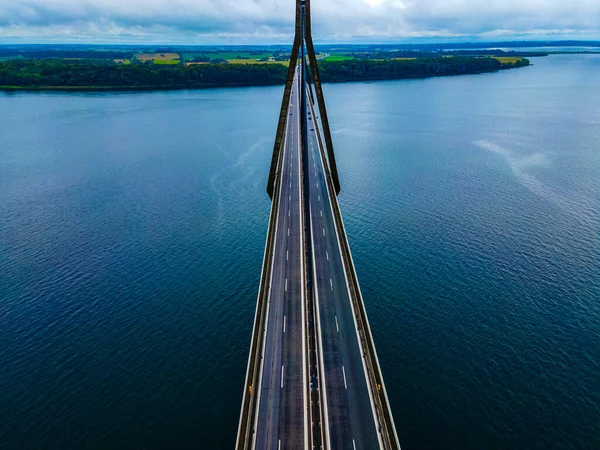 Large Highway Bridge Spanning Bay Cars Trucks Driving Aerial View — Stock Photo, Image