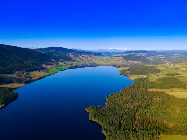 Berrak mavi gölü, yeşil tarlaları, çiftlik evleri ve karla kaplı dağları olan güzel İskandinav kültür manzarası.. 
