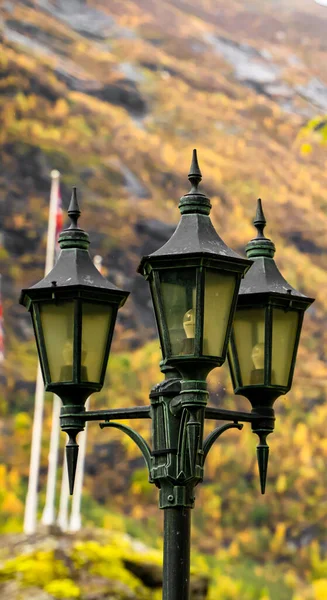 传统的老式灯柱由黑色铸铁制成 是的高质量的照片 — 图库照片
