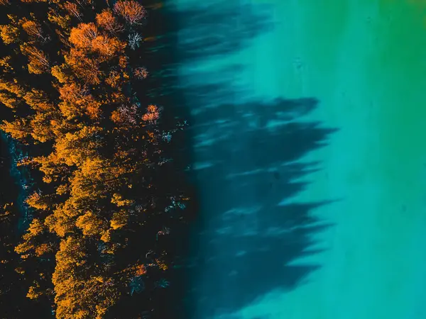 Top View Serene Turquoise Mountain Lake Boreal Forest Autumn Colors — Stockfoto