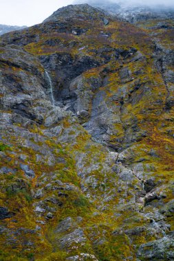 Uzun, sakin bir şelale, gür sonbahar renkleriyle dik bir dağ yamacından aşağı dökülüyor. - Evet. Yüksek kalite fotoğraf