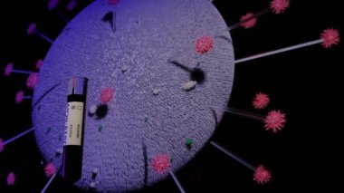 Arkaplanda biraz bulanık viral patojen panosu olan Corona virüsü kan örneği ve kırmızı / mavi acil durum ışıkları yanıp sönüyor. - Evet. Yüksek kalite 4k görüntü