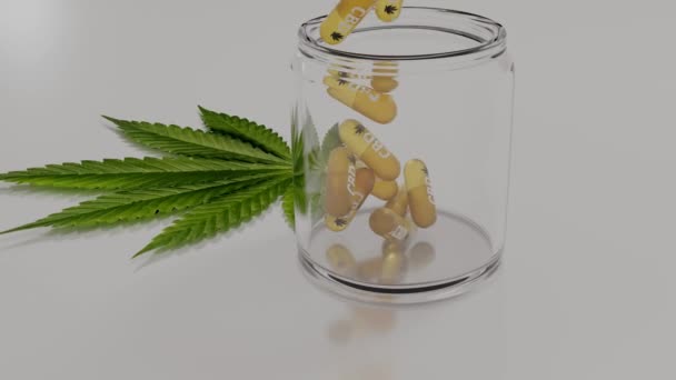 Vaso Vetro Con Capsule Olio Cannabis Cbd Che Cadono Nel — Video Stock