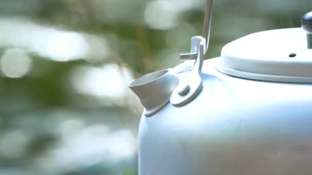 徒步旅行时 一个简单的钢制水壶在水边沸腾 是的高质量的4K镜头 — 图库视频影像