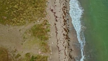 Dalgalar yeşil çimenler ve turkuaz suyla kumlu bir sahilde kıyıya çarpıyor. Yukarıdan aşağıya uç, hava manzaralı..