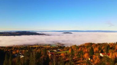 Gün doğumunda kırsal bir vadide yoğun bir sabah sisi. 4K hava görüntüsü.
