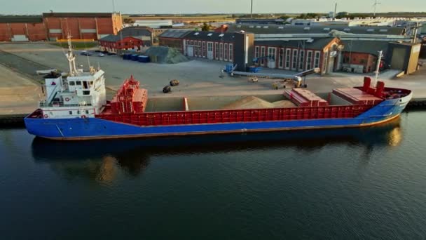 Cargo Ship Moored Port Loading Grain Its Holds — Stock Video