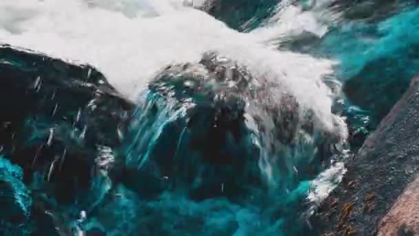 Швидкоплинна Річкова Вода Рухається Над Валуном Крупним Планом — стокове відео