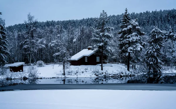 Gezellige Hut Bij Een Bevroren Meer Een Winter Wildernis Landschap — Stockfoto