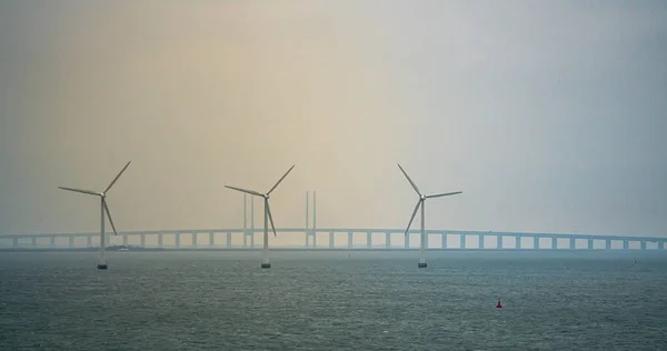 Turbine Eoliche Mare Con Ponte Oresund Sullo Sfondo Foto Alta — Foto Stock