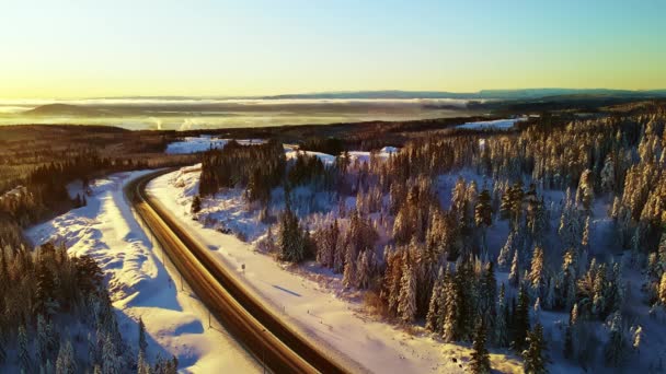 Snelweg Met Verkeer Door Een Besneeuwd Bos Bergpas Winter — Stockvideo