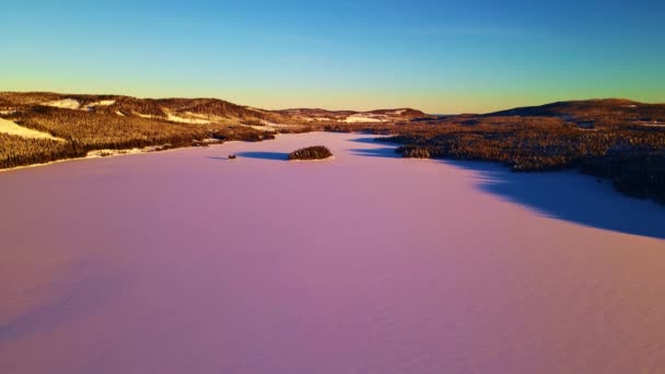 Fryst Sjö Arktisk Vintervildmark Snötäckt Skog Och Solnedgångens Färger Flygvideo — Stockvideo