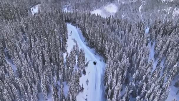 Invierno Conduciendo Por Camino Montaña Cubierto Nieve Vista Aérea Con — Vídeos de Stock