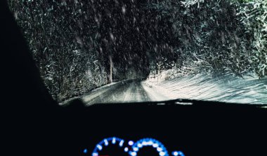 Gece kar fırtınası sırasında karanlık, buzlu bir kış yolunda araba sürmek. Sürücülerin bakış açısı sığ bir alan derinliğinde. Yüksek kalite fotoğraf