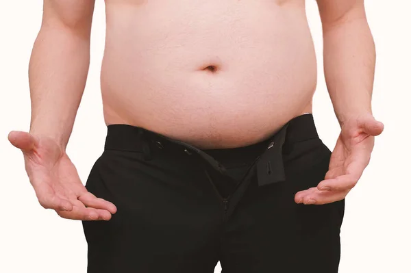 Uomo Sovrappeso Con Grande Pancia Tendendo Mani Nella Frustrazione Quando Foto Stock Royalty Free