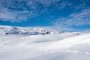 Güneşli bir günde dağ yabanı kış manzarası. Yüksek kalite fotoğraf