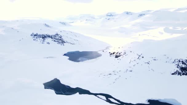 Atemberaubende Luftaufnahme Eines Arktischen Flusses Der Durch Eine Trostlose Schneebedeckte — Stockvideo