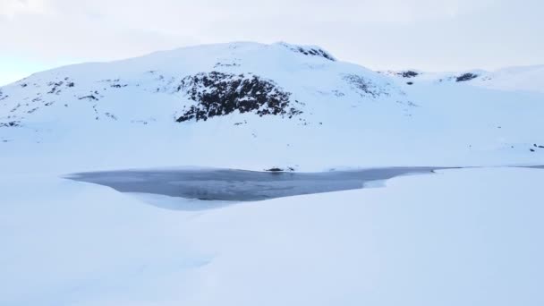 Atemberaubende Luftaufnahme Eines Arktischen Flusses Der Durch Eine Trostlose Schneebedeckte — Stockvideo