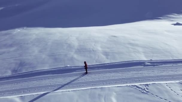 Person Längdskidåkning Sluttning Genom Vilda Snöiga Fjällvildmark Klar Kall Vinterdag — Stockvideo