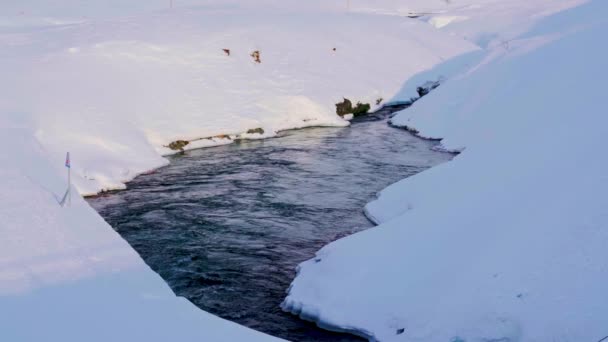 Río Glacial Frío Que Fluye Través Paisaje Ártico Cubierto Nieve — Vídeo de stock
