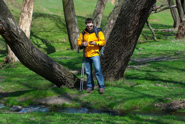 Turista homem com o telefone passa pelo forestry02 — Fotografia de Stock