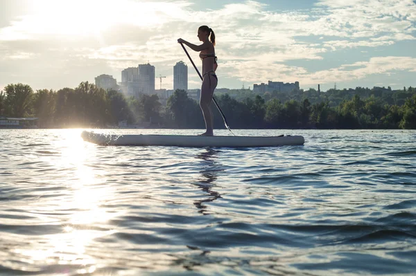 Sup Silhouette des jungen Mädchens paddeln Boarding bei Sonnenuntergang 11 — Stockfoto
