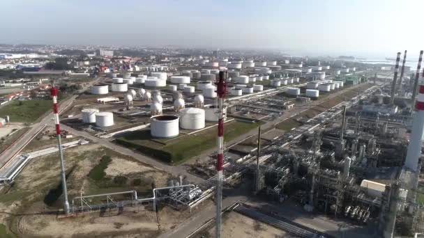 Drone flight over the industrial area of chemical plants. Aerial view. — Stock Video