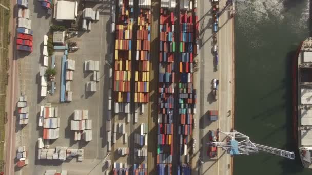 Sanayi limanındaki hava görüşü konteynır gemisi ithalat ticari lojistik ihracat ve konteyner kargo gemisiyle açık denizde uluslararası taşımacılık — Stok video