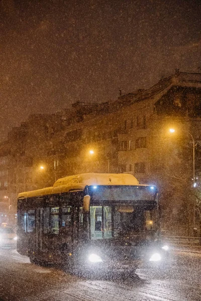 Bus Line Heavy Snow Due Filomena Storm Buildings Back — Stock Photo, Image