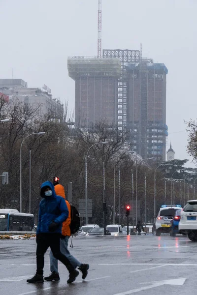 Madrid Spanje Januari 2021 Colon Towers Worden Ontmanteld Met Sneeuw — Stockfoto
