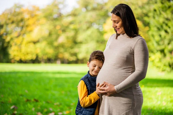 Boy Leaning Stomach His Pregnant Mom Park Autumn Family Relaxing — Stock Photo, Image