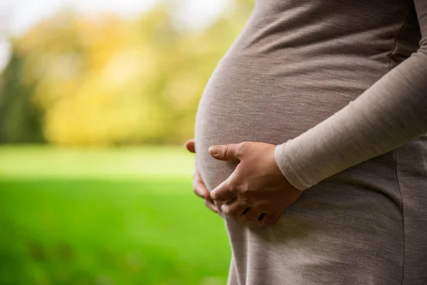 Close Pregnant Woman Who Holding Her Stomach Park — Stock Photo, Image