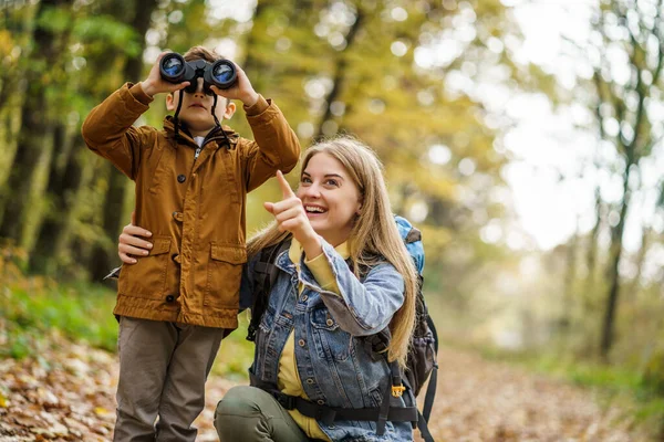 Mãe Filho Felizes Estão Caminhando Floresta Menino Está Assistindo Natureza — Fotografia de Stock