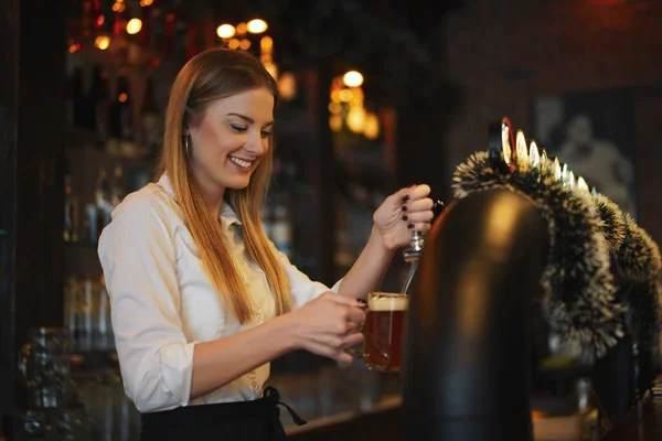 Barda Barmen Olarak Çalışan Mutlu Bir Kadının Portresi — Stok fotoğraf