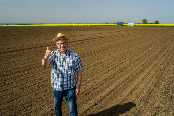 Orgoglioso Agricoltore Anziano Piedi Nel Suo Campo Grano Seminato Egli — Foto Stock