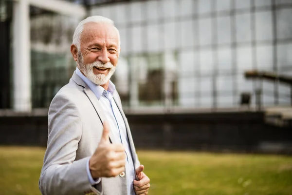 Outdoor Portrait Cheerful Senior Businessman Front Company Building — Stock Photo, Image