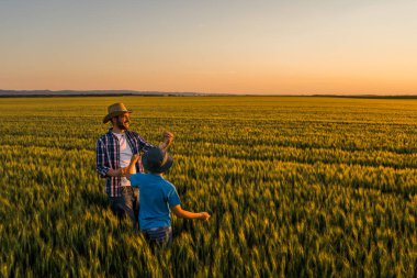 Father and son are standing in their growing wheat field. They are happy because of successful sowing. clipart