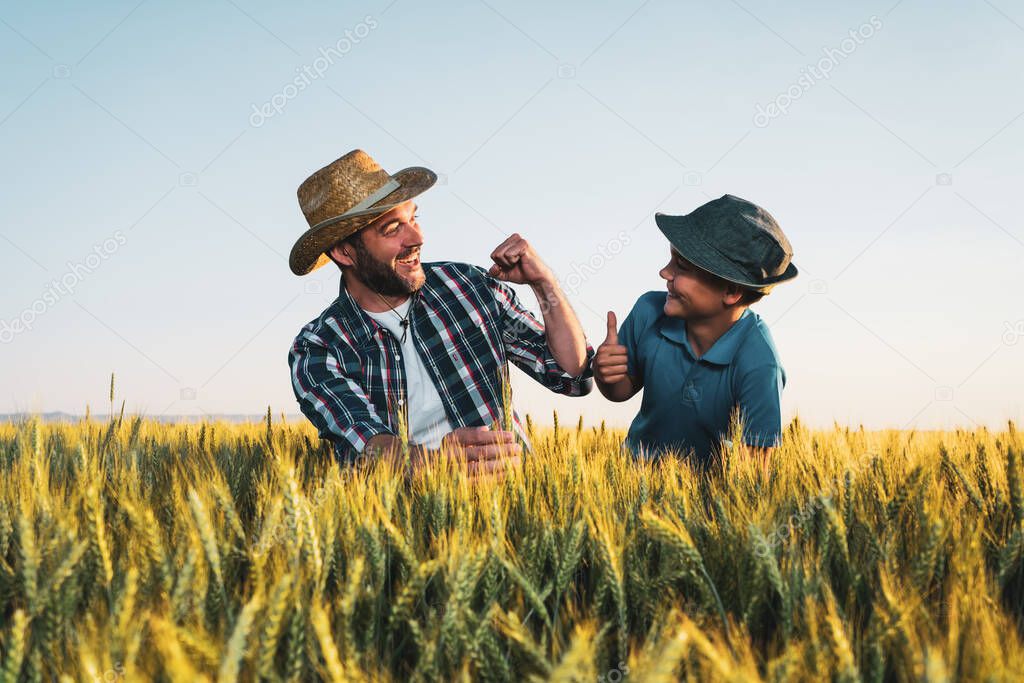 Father and son are standing in their growing wheat field. They are happy because of successful sowing.