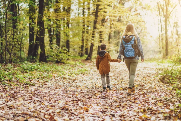 Lycklig Mor Och Son Vandrar Skogen — Stockfoto