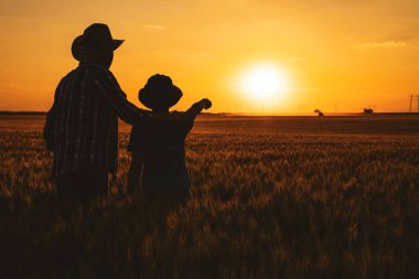 Baba ve oğul büyüyen buğday tarlalarında duruyorlar. Başarılı bir şekilde ektikleri ve gün batımının keyfini çıkardıkları için mutlular..