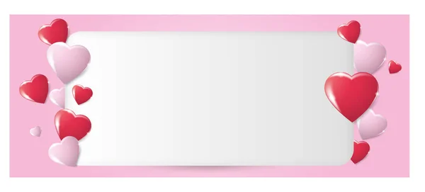 ピンクの背景にボリュームのある赤とピンクの3Dハート 幸せな女性 バレンタインデー グリーティングカードのデザインのためのベクトル背景 — ストックベクタ