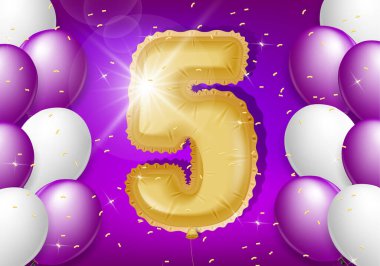 Balonlu ve parlak konfetili 5. yıl tasarımı afiş, kartpostal, poster ve davetiye kartı tasarımı. Gerçekçi 3d vektörü
