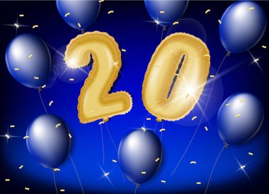 Mavi arka planda altın ve mavi balonlar ve parıltılı konfetilerle geçen 20 yılı kutluyoruz. Kutlamalar, davetiyeler ve tebrik kartları için vektör tasarımı.