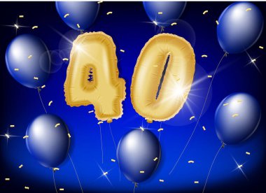 Kırk yılı altın ve mavi balonlarla ve mavi arka planda parıltılı konfetilerle kutlamak. Kutlamalar, davetiyeler ve tebrik kartları için vektör tasarımı.