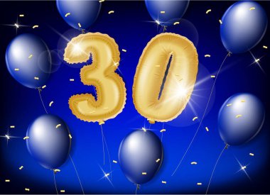 Mavi arka planda altın ve mavi balonlar ve parıltılı konfetilerle 30 yılı kutluyoruz. Kutlamalar, davetiyeler ve tebrik kartları için vektör tasarımı.