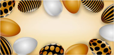 Açık bej arkaplanda altın ve beyaz yumurtalar. Paskalya posteri ve afiş şablonu. Gerçekçi 3 boyutlu vektör çizimi. Tebrik kartı veya davet için moda tasarımı