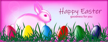 Pembe Paskalya tavşanı ve pembe arka planda renkli yumurtalar. Paskalya posteri ve afiş şablonu. Gerçekçi 3 boyutlu vektör çizimi. Tebrik kartı veya davet için moda tasarımı