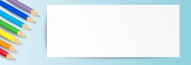  Gerçekçi 3D renkli renkli kalemler ve mesaj bırakmak için boş yeri olan okula dönmek için beyaz kağıt. Vektör illüstrasyonu